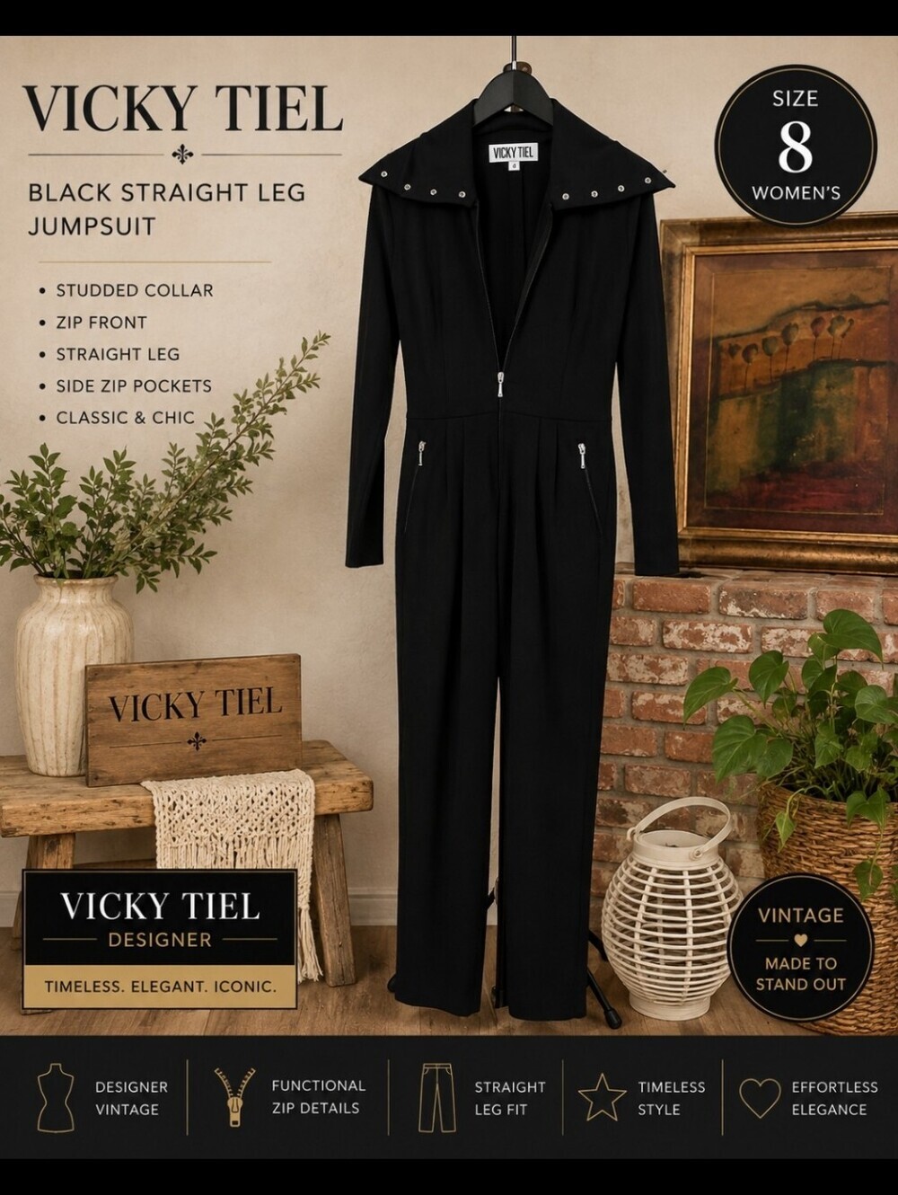 Vicky Tiel Black Straight Leg Jumpsuit Studded Collar Zip Front Long Sleeve